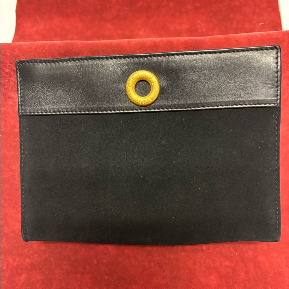 Authentic CELINE Elegant Black Clutch Leather & Suede with Gold Detail